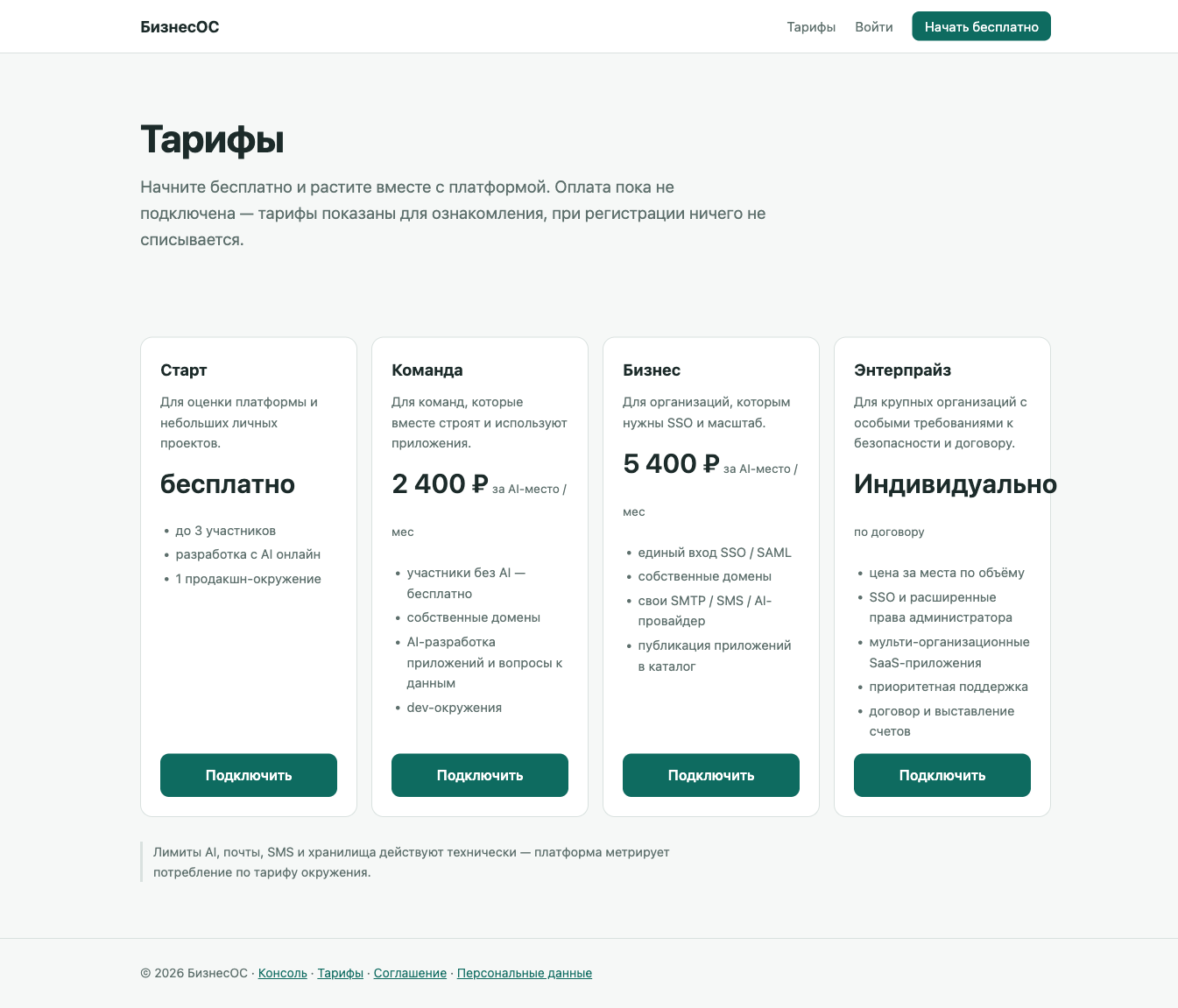Страница тарифов БизнесОС: Старт, Команда, Бизнес, Энтерпрайз